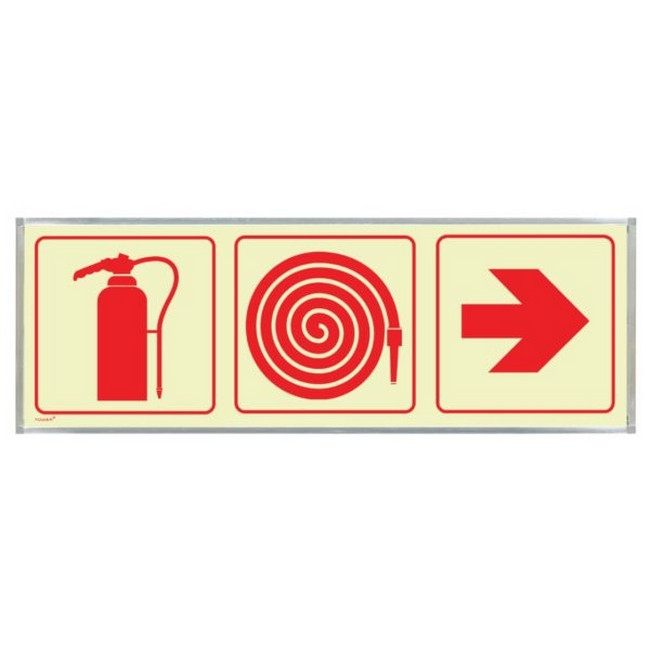 Photoluminescent Sign Frame - Fire Extinguisher, Hose, Red Arrow - 570 x 190mm - SIGNP3FEHA(2)
