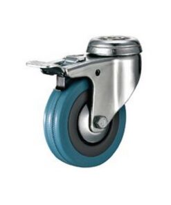 Castor Wheels - Blue Rubber - Bolt Hole Swivel - Brake - 100mm - TOOC443