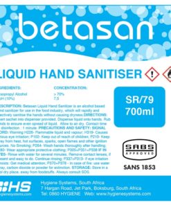 Hand Sanitiser - Liquid - Betasan - 70% Alcohol Based - 700ml - Pack of 6 - SR_79