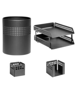 Desk Set - Square Punch Steel Range - Metal - Letter Tray - Waste Bin - Pencil Cube and Cup - Colour Options - 413BL